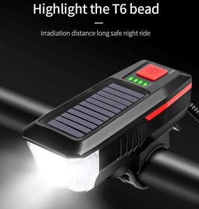 Lumières de vélo solaires Phare de vélo rechargeable par USB avec klaxon Lampe de vélo multifonction 120DB Haut-parleur Avant Sécurité Lumière avant Accessoires d'équitation de nuit