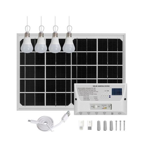 Lámparas de bombilla solar Cargador USB Kit de generador de panel de sistema doméstico con 4 bombillas Banco de energía de 6000 mah para iluminación interior y exterior