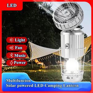 Lanterne de camping solaire avec ventilateur, haut-parleur intégré, Bluetooth, lampe de camping rechargeable à LED, lampe de ventilateur de tente portable, interrupteur extensible, lampe de charge USB