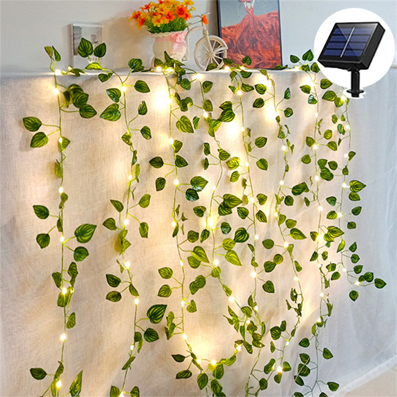 Güneş peri ışıkları, 33ft 100 LED güneş asma ip ışıkları, sıcak beyaz 8 mod yeşil yapay yaprak bitkileri asma çelenk, parti düğün bahçe çit bahçe duvar dekor