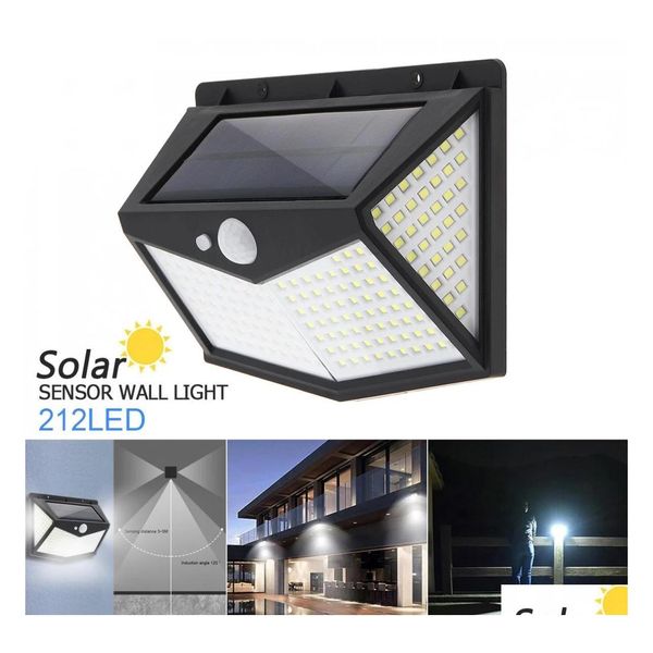 Luces de inundación solares 212 LED Luces solares LED al aire libre Lámpara de pared de jardín impermeable Lámpara de pared Linterna blanca fría para poste de cerca Drop Deliv Ot7Ah