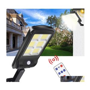 Projecteurs solaires Cob Solar Light Powerf Télécommande Amélioré Pir Motion Sensor Ip65 Outdoor Wall Street Lights Lampe étanche Ot5Lv