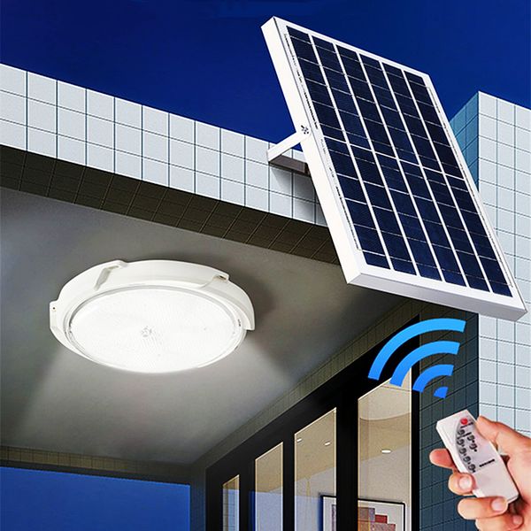 Luz de jardín solar Luz de techo 50W 100W 150W 200W Lámpara de interior con cable de 5 m, control remoto, del anochecer al amanecer, temporización, regulable, pasillo, balcón, cabina, RV, emergencia, camping