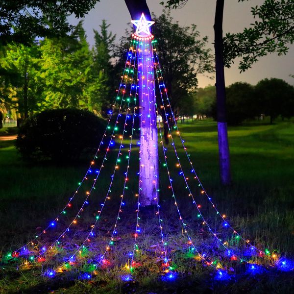 Cortinas de luces solares para jardín, luces de cadena de cascada, luz de cortina de hadas centelleante de estrella para decoraciones de boda, fiesta de Navidad en el patio trasero