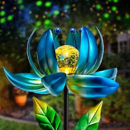 Solar Garden Lights Metal Decor, kleurrijke draaiende windmill lotus pathway ligths met led gebarsten kristallen bol buiten decoratieve stake verlichting waterdicht