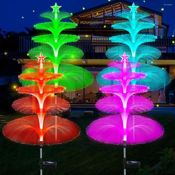 Lumières de jardin solaires Lumière de méduse imperméable extérieure avec étoile 5 couches Fibre optique 7 Couleur à changement de couleur Fleur fleur