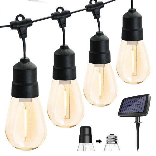 Lampes solaires de jardin S14 e26 10 m 33 pieds 14 ampoules LED blanc chaud étanche guirlande lumineuse extérieure alimentée par énergie solaire chargeur USB cour camping fête décoration d'arbre de Noël