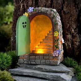 Solar Tuin Hars Fee Deur Licht Voor Bomen Standbeelden Huis Gezicht Kunst Gnome Yard Elf Fee Accessoires Tuinbeelden Decoratie 240119