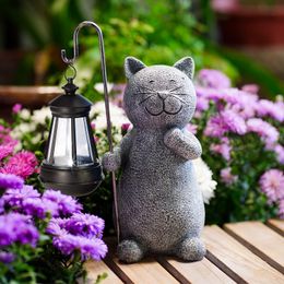 Statue de jardin solaire, figurine de chat, art de jardin avec lanterne solaire, chat aimant pour patio, balcon, cour, pelouse, cadeau de pendaison de crémaillère unique