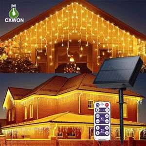 Luces de carámbano solares al aire libre 3M 128LED 5M 256LED 10M 300LED Luz de cadena de cortina de carámbano con jardín remoto Luz de hadas solar de Navidad