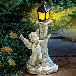 Lámpara solar columna romana europea escultura de ángel jardín al aire libre patio decoración de la casa manualidades de resina 240518