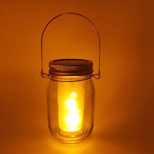 Lámparas solares Paquete de 4 LED Mason Jar Lit Light Antorcha Llama Warm Garden Lámpara de botella al aire libre Impermeable Colgante Linterna Decoración