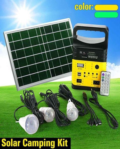 Lámparas solares Generador portátil Energía para acampar al aire libre Mini DC10W Panel de carga Kit de sistema de iluminación LED Control remoto Radio FM9153884