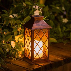 Solar Lantern Outdoor Tuin Verlichting Opknoping Lantaarn-Waterdichte Led Flicking Vlamloze Kaars Mission Lights voor Tabel Outdoor Party