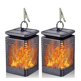 Lanternes Solaires Extérieures, Lanterne Suspendue, Applique Solaire Cuboïde Jardin Décoratif, Chaleur Réaliste Flamme Scintillante, IP65 Étanche Camping Cour de Vacances