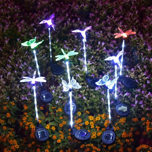 lampe de pelouse solaire 6 led blanc + coloré led libellule papillon colibri lumières au sol Solaire jardin lumière décorative 3pcs