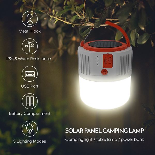 Ampoule solaire avec chargement USB, ampoule de camping solaire LED, ampoule de tente portable à piles, lampe rechargeable longue durée