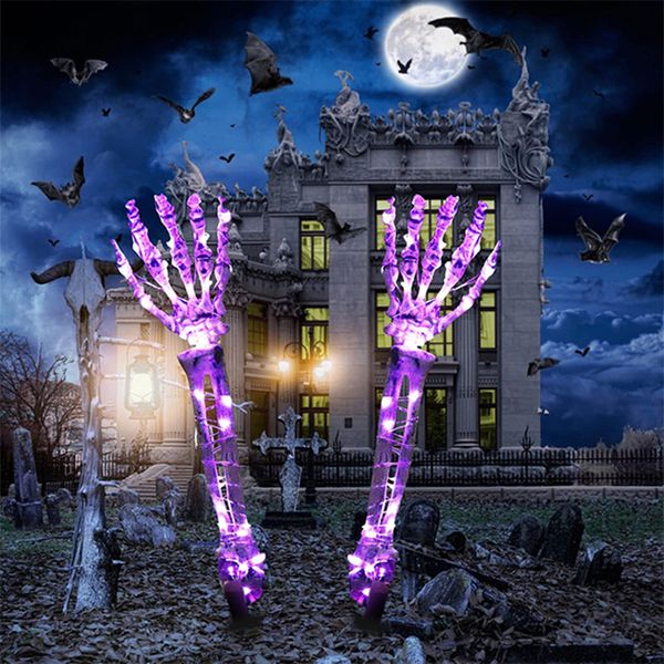 Piquets de bras de squelette de lumière solaire, décorations lumineuses d'Halloween, guirlandes lumineuses à 40 LED blanc chaud vert violet, cosplay de jardin d'horreur
