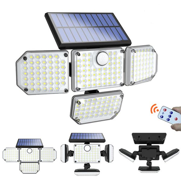 Luces solares con sensor de movimiento para exteriores 48/112/182, luz de inundación LED, resistente al agua, 3 modos, 4 cabezales ajustables, lámpara de pared con energía Solar