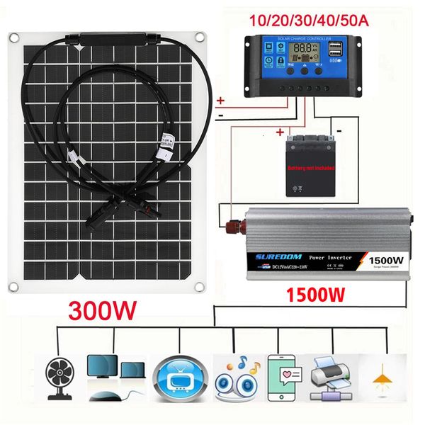 Autres appareils électroniques Kit de système d'alimentation solaire 1500 W Chargeur de batterie Panneau solaire 300 W Contrôleur de charge 1060 A Génération d'énergie complète Camp de réseau domestique 221104