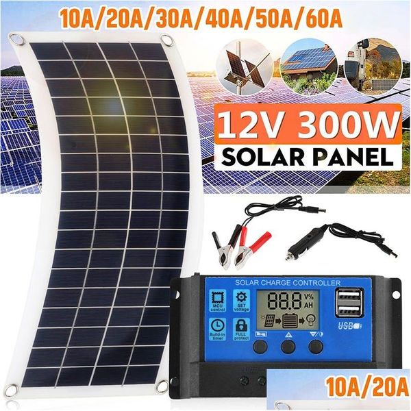 Paneles solares Kit de panel portátil de 300 W 12 V Placa de interfaz de carga USB con controlador Células impermeables para teléfono Rv Coche Entrega de gota Otqar