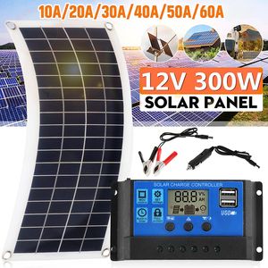 Paneles solares Kit de panel solar portátil de 300 W Interfaz de carga USB de 12 V Placa solar con controlador Células solares impermeables para teléfono RV Car 230113