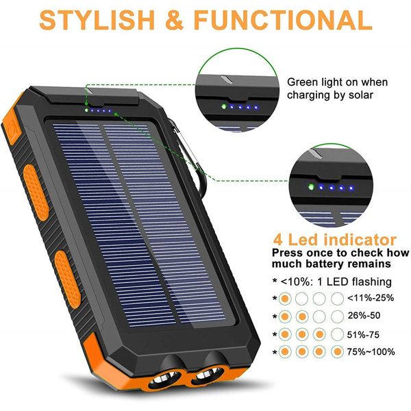 Chargeur de téléphone solaire, énorme capacité 10 000 mAh, batterie externe légère et étanche avec panneau solaire, 2 sorties USB-C et 1 entrée pour camping en plein air, randonnée, urgence