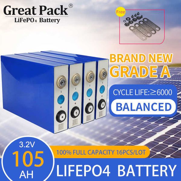 Batterie portable solaire 100% pleine capacité, 16 pièces, 3.2V, 105ah, LiFePO4, cellules rechargeables, Lithium-Ion, Phosphate à Cycle profond