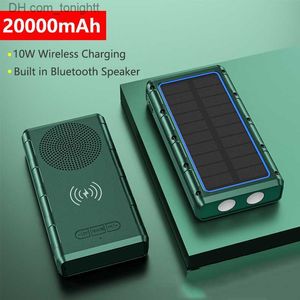 Caricabatterie wireless Qi Solar Power Bank 20000mAh 10W per iPhone 14 13 Powerbank portatile Samsung con altoparlante Torcia LED Q230826