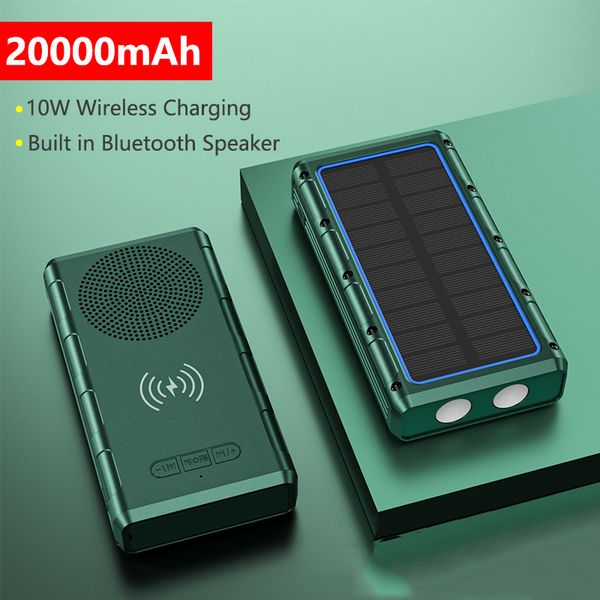 Banco de energía solar 30000mAh 10W Cargador inalámbrico Qi para iPhone 14 13 Samsung Xiaomi Banco de energía portátil con altavoz Linterna LED