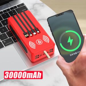 Zonne-energiebank 30000mAh PD18W Snel opladen Draadloze oplader Powerbank Ingebouwde kabel Draagbare externe batterij voor smartphone