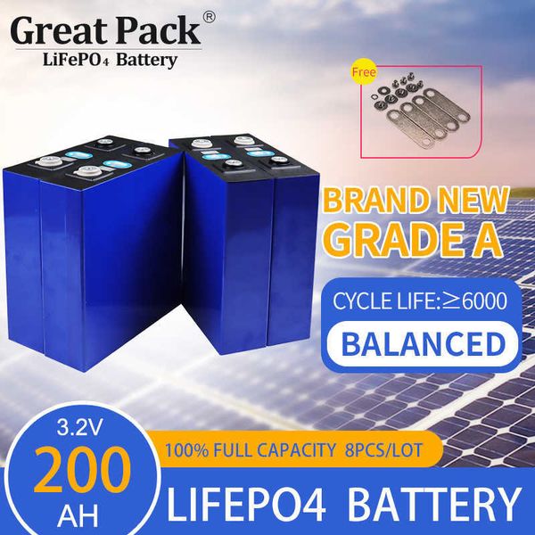 Banque d'énergie solaire 8PCS 3.2V 200Ah Rechargeable LiFePO4 Cellule de batterie Cycle profond 100% Pleine capacité Brand New Grade A Lithium Ion