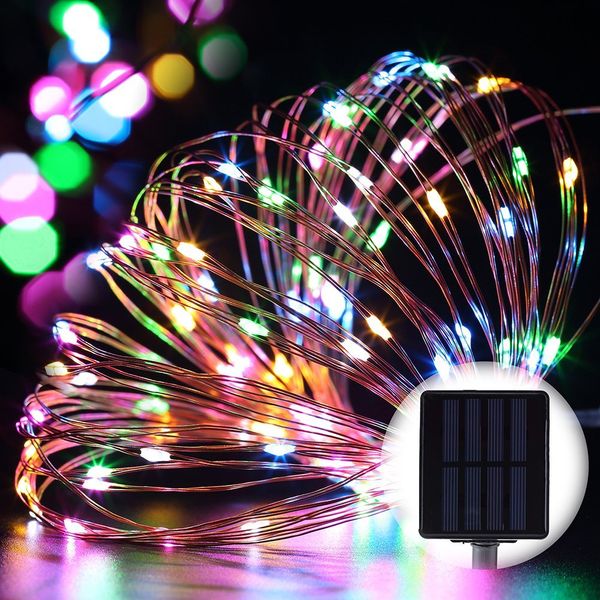 Guirlande lumineuse de noël à énergie solaire, 8 couleurs, 10m, 100 LED, fil de cuivre, étoilée