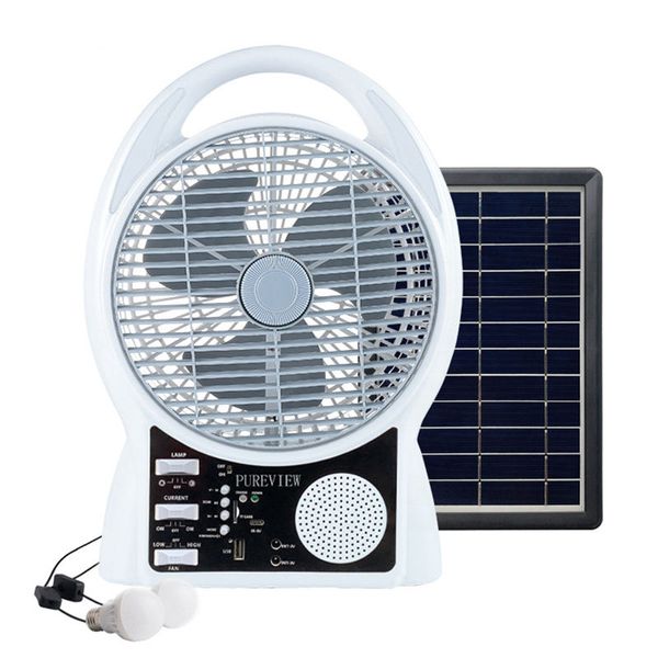 Ventilateurs à énergie solaire 2 vitesses 8 pouces ventilateur de Table Portable rechargeable Bluetooth avec 2 ampoules LED