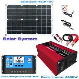 Sistema de generación de energía solar Panel de 18 W + inversor de 4000 W con dos puertos de cargador USB + juego de controlador de 30 A - 12 V a 220 V negro