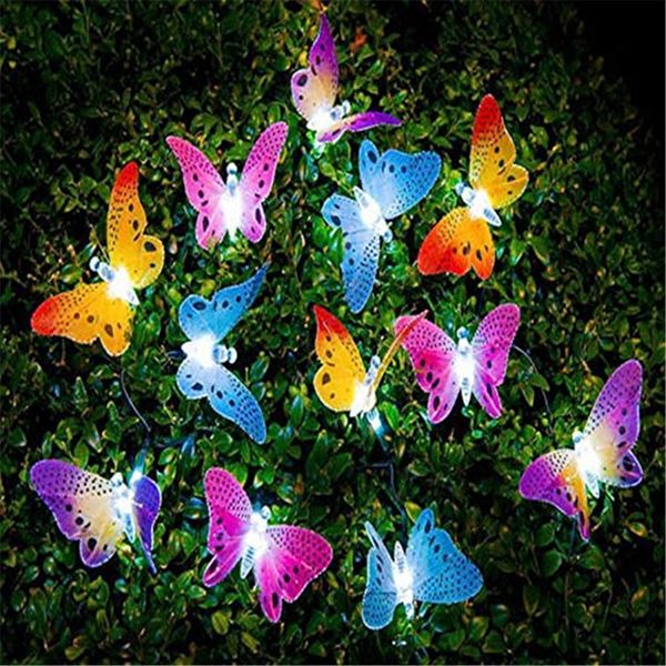 Luces de cadena de energía solar 12 LED Diseño de animales Luces decorativas de mariposa de fibra óptica multicolor para el hogar Patio Jardín Árbol