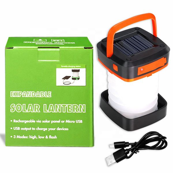 Lanterne de Camping à LED à énergie solaire lampe de tente de pêche en plein air chargeur solaire ou USB rechargeable pliable pour téléphone