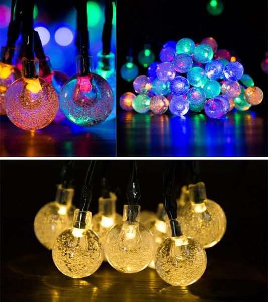 Cadena de luces LED con energía solar 30 bombillas Bola de cristal impermeable Cadena navideña Camping Iluminación al aire libre Jardín familiar Fiesta navideña Decorar 8 modos 6,5 m SD27