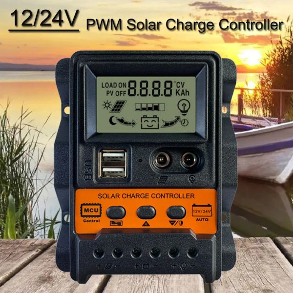 Controlador de carga Solar PWM, 12V, 24V, 10A, 20A, 30A, regulador de batería de Panel Solar, USB Dual, 5V, pantalla LCD Dual DC