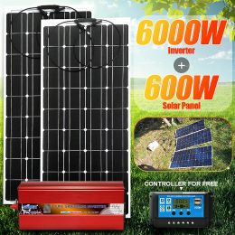 Panel solar 6000W Inversor de onda sinusoidal pura 24V 12V a 220V 50Hz Transformador de voltaje Convertidor de potencia Kit de sistema de energía solar