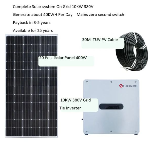 Kit de panneau solaire solaire complet 10KW 380V sur le système de grille Module solaire 400W Hopewind onduleur grille cravate MPPT onde sinusoïdale Pure maison Villa