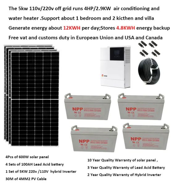 Kit de panneau solaire solaire complet avec batterie 5000 W 220 V 110 V panneau solaire 600 W UPS hybride onduleur hors réseau système 4HP ferme voiture caravane