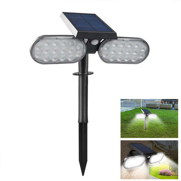 Focos solares para exteriores, doble cabezal, 32 LED, sensor de movimiento, iluminación de pared blanca fría para patio, jardín y Patio