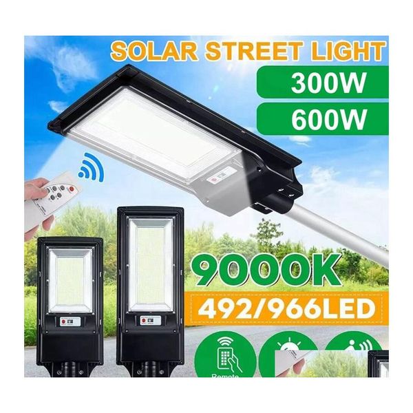 Farola solar 300W 600W Iluminación exterior Sensor de radar Lámpara de carretera con control remoto de poste 492Led 966Led Drop Delivery Lights Re Dhkgz