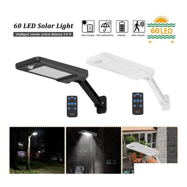 Farola solar 60 Led Pir Sensor de movimiento Ip65 Pared de jardín al aire libre Lámpara regulable Control remoto Luces de entrega de caída manual Lig Dhdst