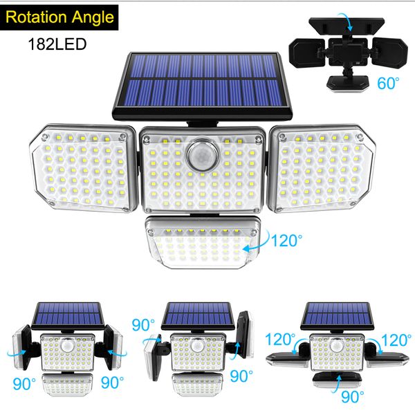 Luz de calle solar al aire libre 112 LED 182LED Sensor de movimiento súper brillante Lámpara de pared de jardín LED de gran potencia IP65 a prueba de agua 3 modos de trabajo