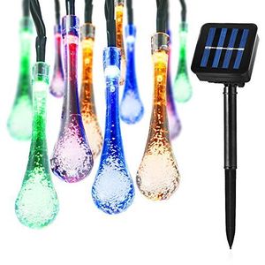 Guirnalda de luces solares, luces LED de gota de agua, luces de hadas solares decorativas, 5M 50 luces LED, perfectas para decorar la casa, el jardín