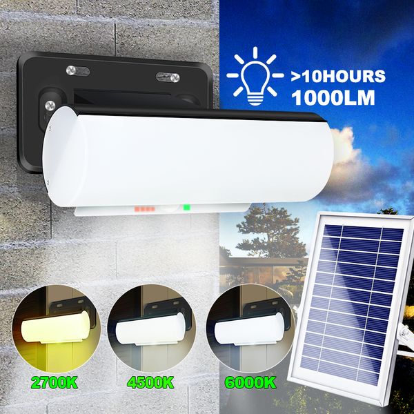 Luz de pared solar 1000lm 3 colores en 1 Control remoto Regulable 5M Cable de extensión Luz solar dividida para interiores y exteriores Luz de pared con sensor de movimiento PIR de seguridad