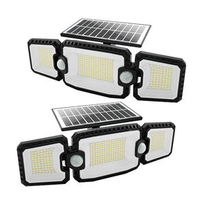 Luces de pared solares 305 LED Sensores duales Impermeable al aire libre 3 cabezas 270 ﾰ Luces de seguridad de gran angular con panel solar de silicio monocristalino