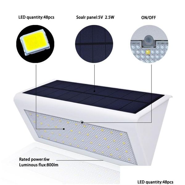 Luces de pared solares Sensor de radar 48 LED Al aire libre Impermeable Ahorro de energía Jardín Camino Patio Tierra Césped Entrega de entrega Iluminación Renewabl DH67G